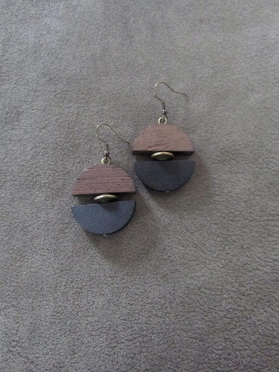 Two toned wooden dangle earrings, geometric earrings, Afrocentric jewelry, African earrings, mid century modern earrings