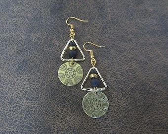 Hammered brass triangle mandala earrings