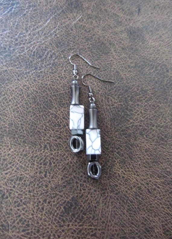 White marble stone and gunmetal earrings 2