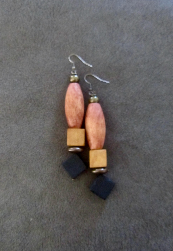 Oversized long natural wooden and stone earrings 2
