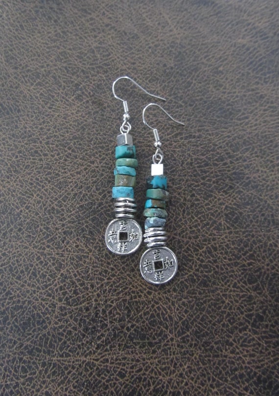 Asian coin earrings, turquoise and silver