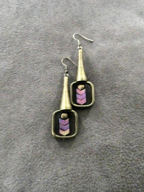 Bronze geometric industrial earrings multicolor, square