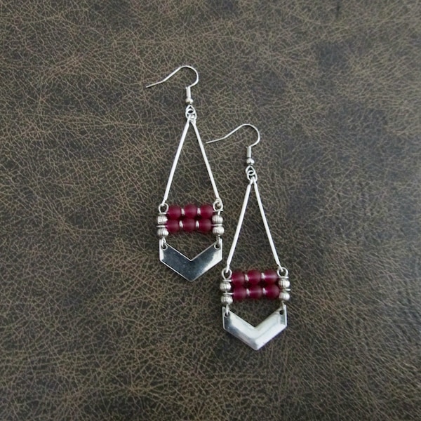 Long fuchsia pink sea glass and silver earrings 2