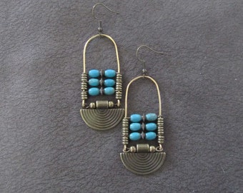 Blue magnesite stone and bronze, ethnic statement earrings, bold earrings, bohemian boho chic earrings