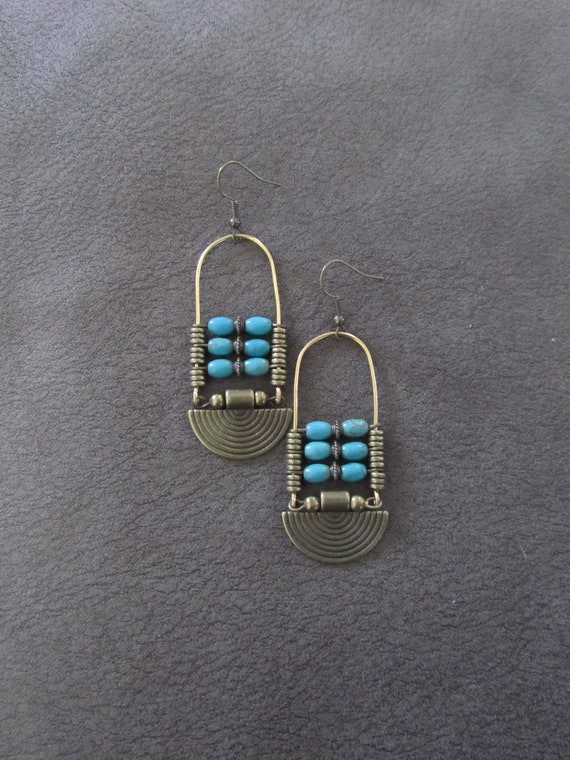 Blue magnesite stone and bronze, ethnic statement earrings, bold earrings, bohemian boho chic earrings