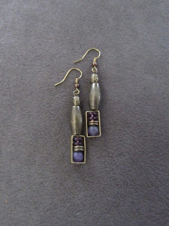 Purple stone and bronze boho earrings, artisan earring, simple chic
