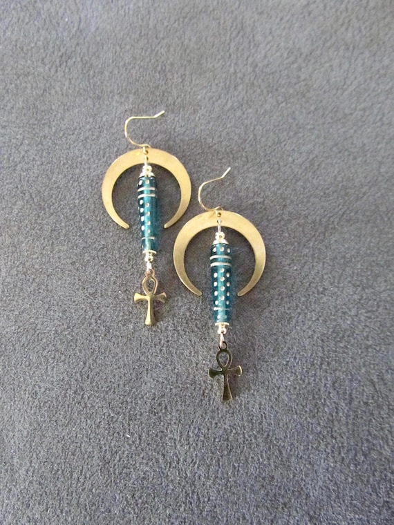 Stainless steel Ankh and teal Czech glass earrings