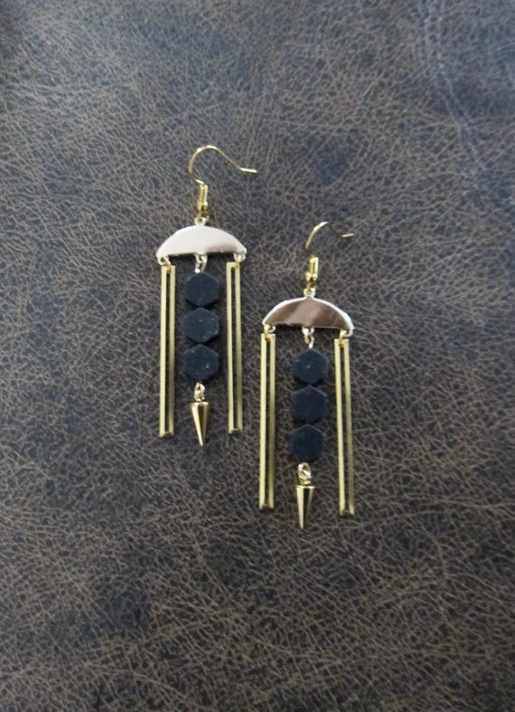 Black hematite and gold chandelier earrings