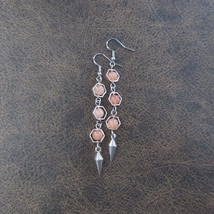 Silver and peach agate geometric hexagon earrings
