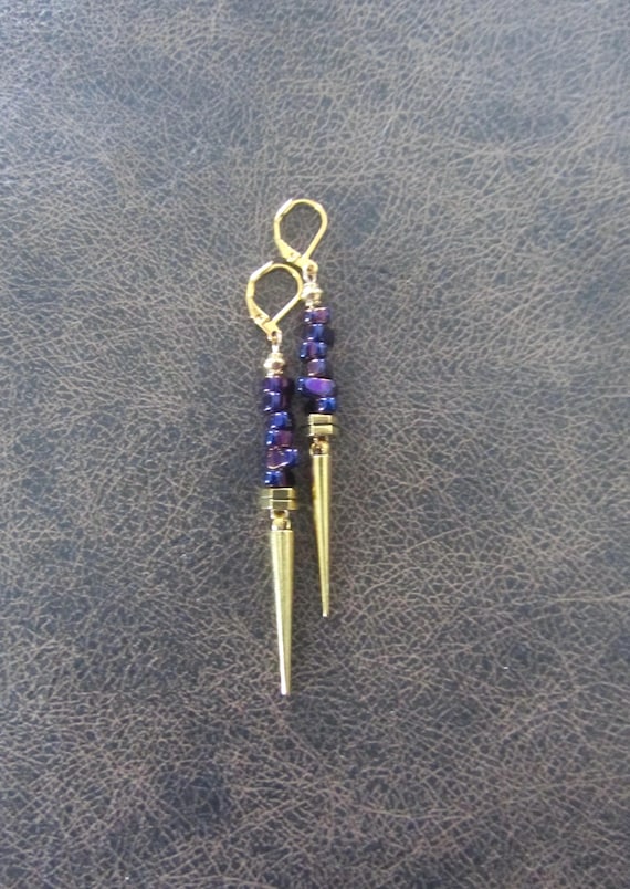 Purple nugget and gold spike earrings