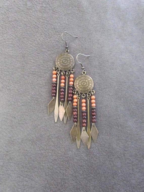 Boho chic beaded chandelier earrings, orange
