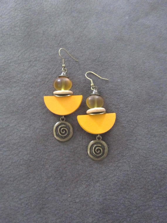 Yellow wooden and frosted glass earrings