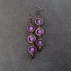 Long purple frosted glass and copper earrings image 1
