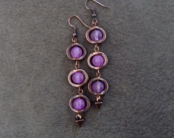 Long purple frosted glass  and copper earrings