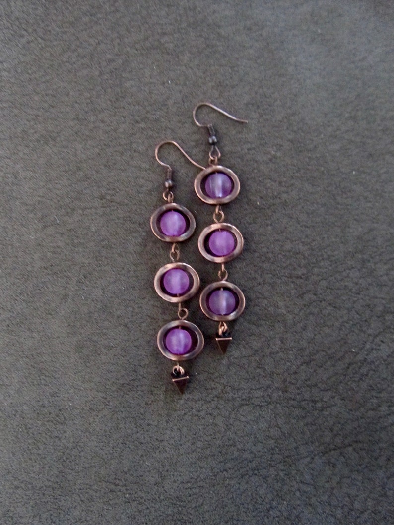 Long purple frosted glass and copper earrings image 1