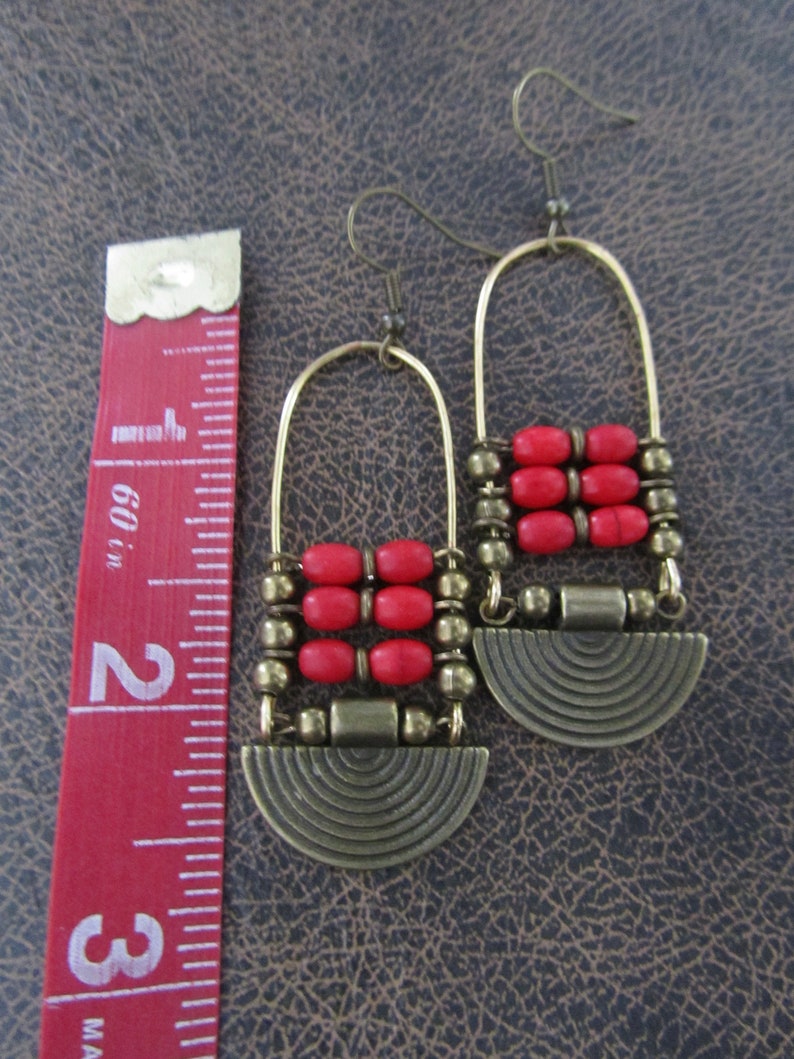 Chandelier earrings, red magnesite stone and bronze, ethnic statement earrings, bold earrings, bohemian boho chic earrings image 2