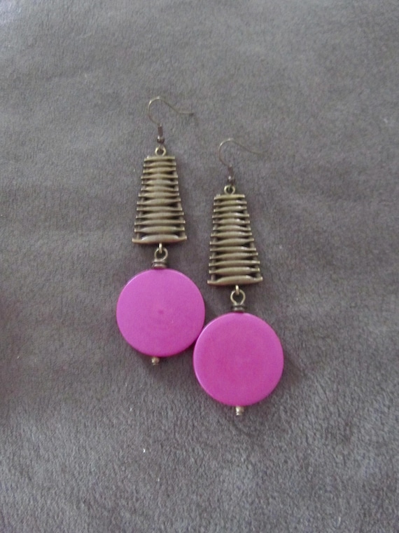 Large bronze chunky statement earrings, pink
