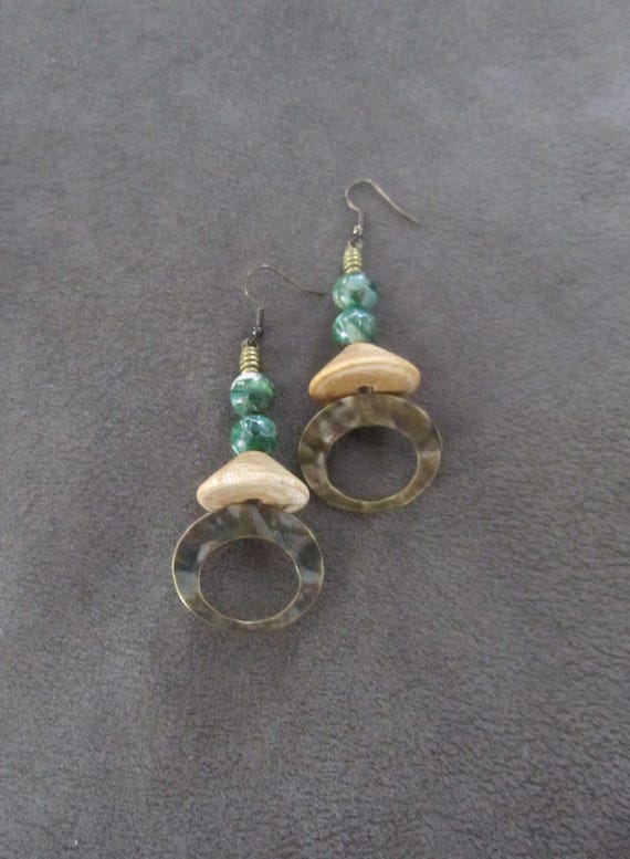 Hammered bronze unique mid century modern earrings, green