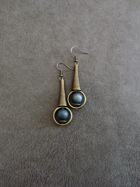Long teal and bronze earrings, mid century modern earrings, Brutalist earrings, minimalist earrings, electroplated druzy unique artisan