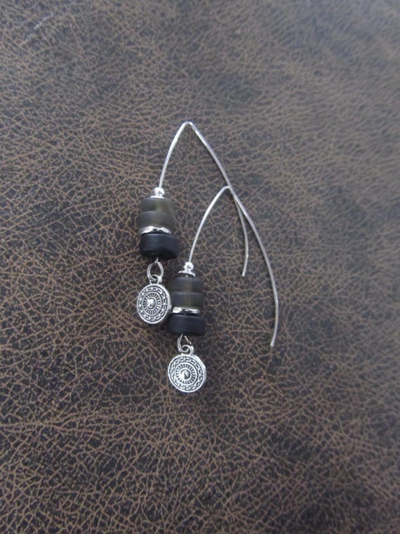 Black frosted Glass Earrings, Silver Boho Dangle Earrings