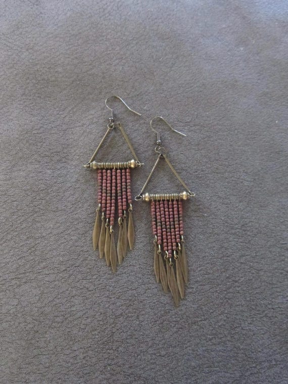Bronze and pink long seed bead earrings
