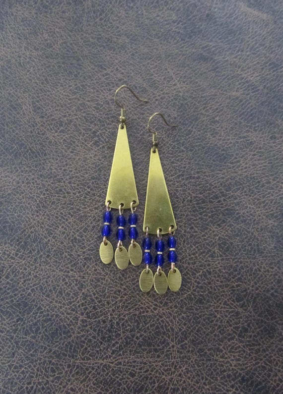 Triangle brass chandelier and royal blue crystal earrings