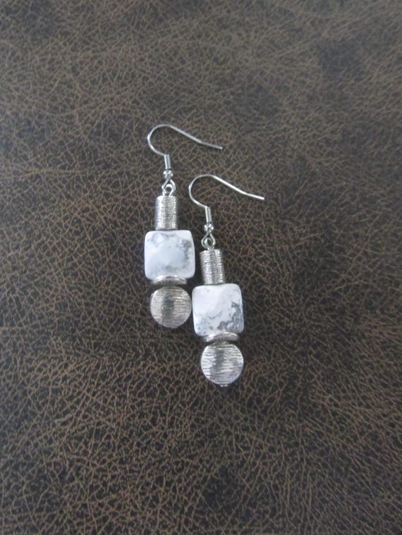 White marble stone and silver earrings 2