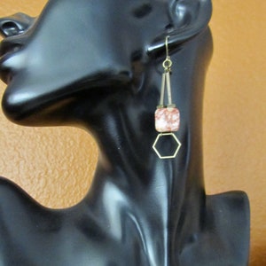 Hexagon earrings, antique bronze earrings, geometric earrings, mid century modern earrings, bold marble stone earrings, unique chic earrings image 3