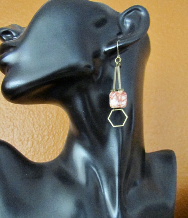 Hexagon earrings, antique bronze earrings, geometric earrings, mid century modern earrings, bold marble stone earrings, unique chic earrings image 3