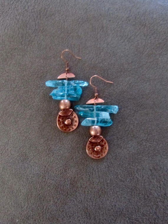 Raw quartz blue crystal earrings copper