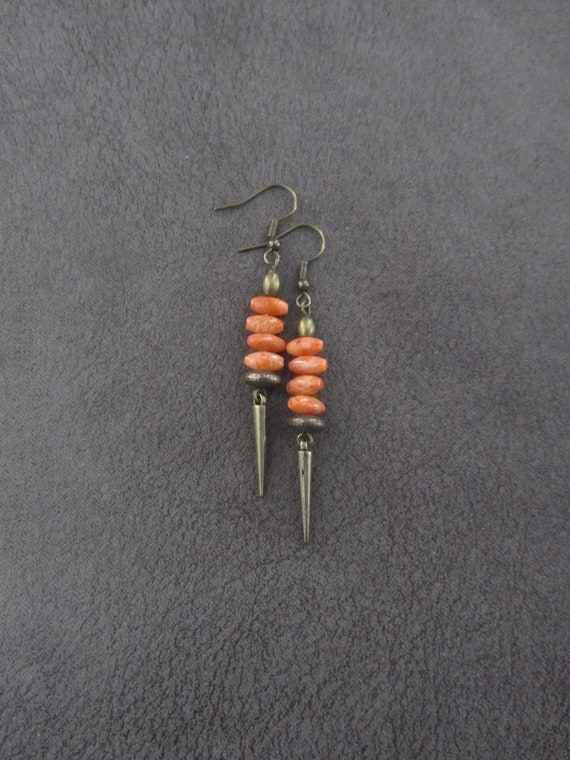 Orange coral earrings, industrial earrings, unique bronze modern earrings, boho bohemian artisan earrings, ornate contemporary earrings 3