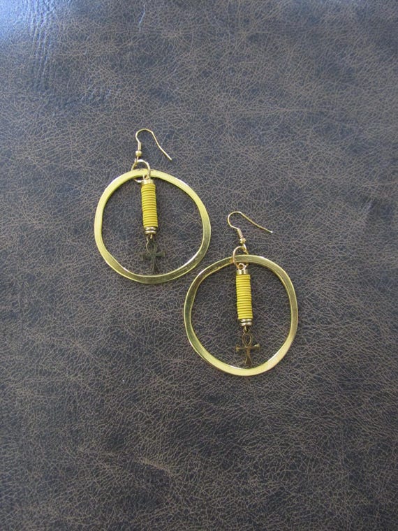 Gold ankh hoop earrings, yellow