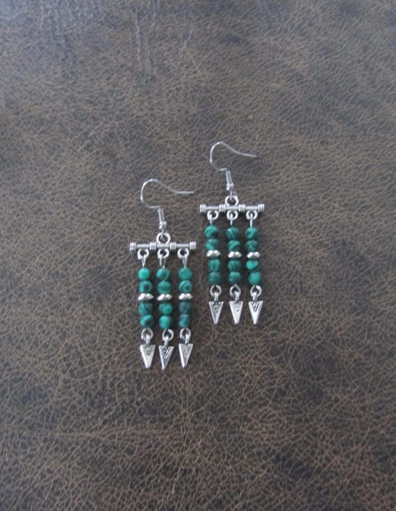 Malachite and silver ethnic chandelier earrings