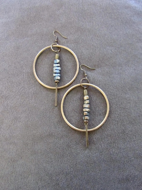 Bronze hoop and teal nugget earrings