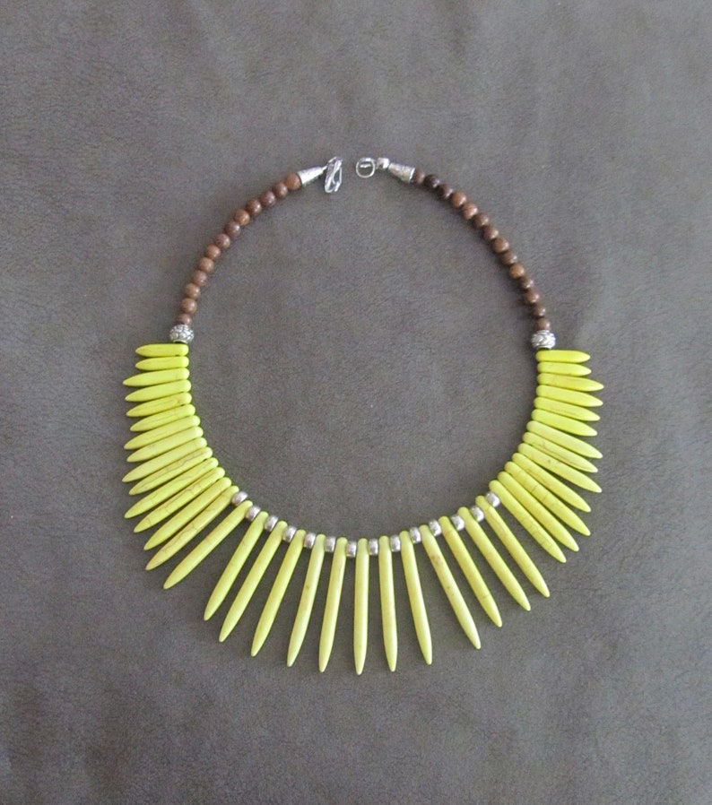Yellow bib necklace, statement necklace, bold African Afrocentric necklace, exotic necklace, tribal ethnic necklace, primitive silver image 3