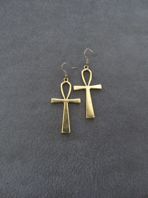 Ankh Egyptian African earrings, bold statement earrings, ethnic tribal earrings, fertility symbol, Afrocentric earrings, gold
