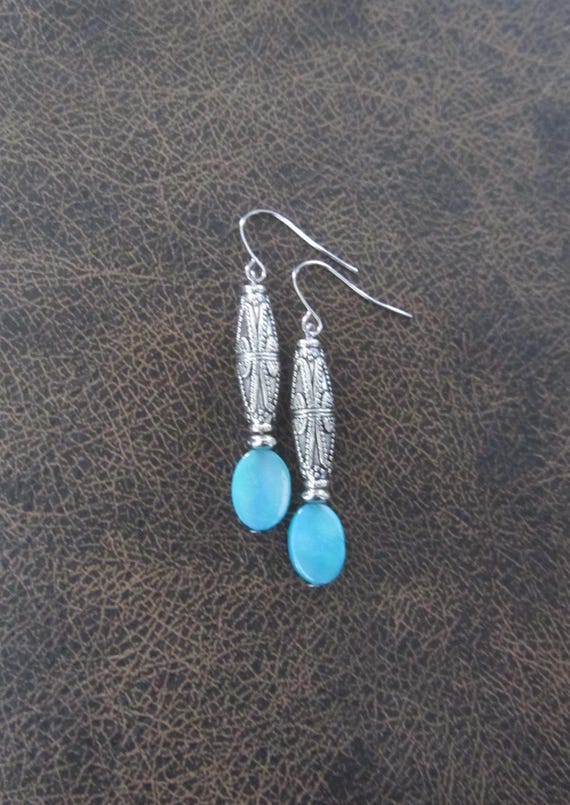 Blue mother of pearl and etched silver earrings