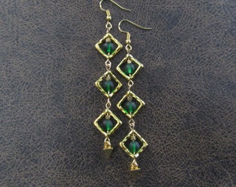 Long green frosted glass and gold earrings, geometric earrings