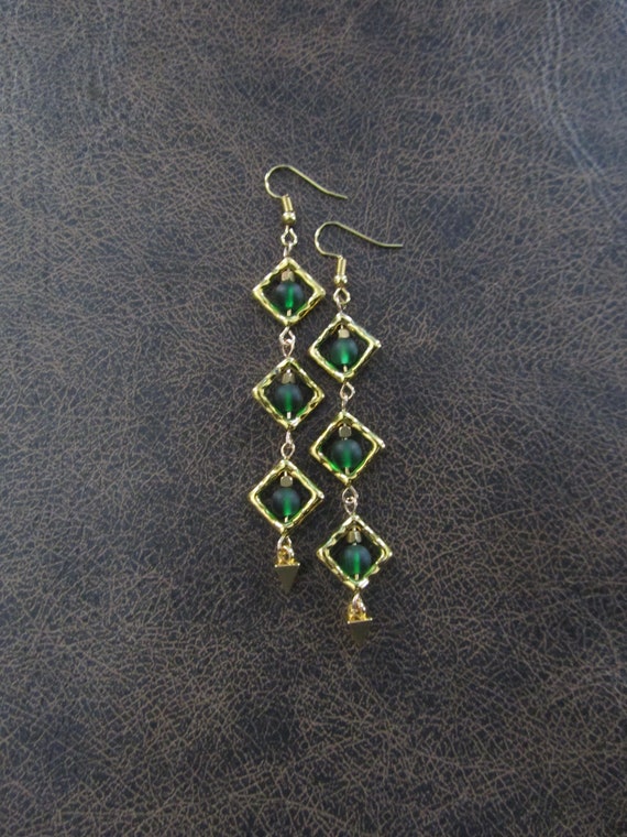 Long green frosted glass and gold earrings, geometric earrings