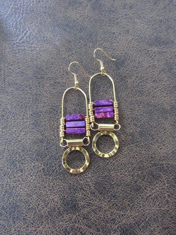 Unique ethnic jasper earrings, purple and gold boho chic earrings