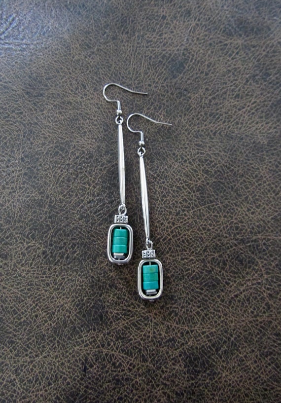 Simple green and silver long silver earrings