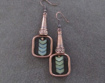 Copper and teal arrow geometric earrings, square
