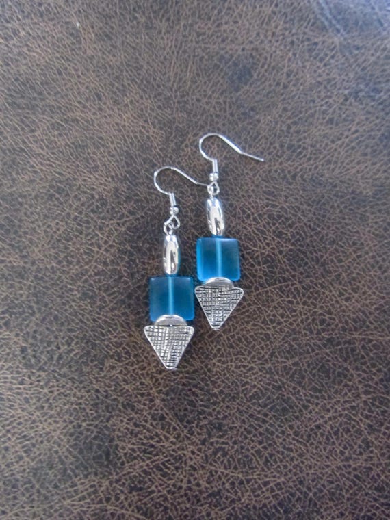 Blue frosted glass earrings, boho chic earrings, unique artisan earrings, small