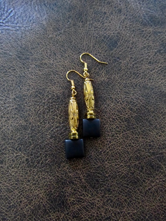 Black frosted glass and gold earrings
