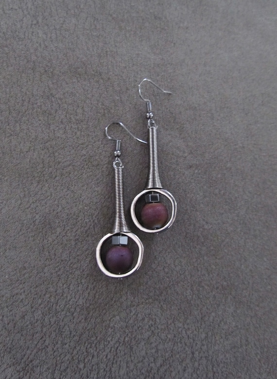 Mid century modern earrings, Brutalist earrings, minimalist earrings, electroplated druzy unique artisan, purple and gunmetal earrings