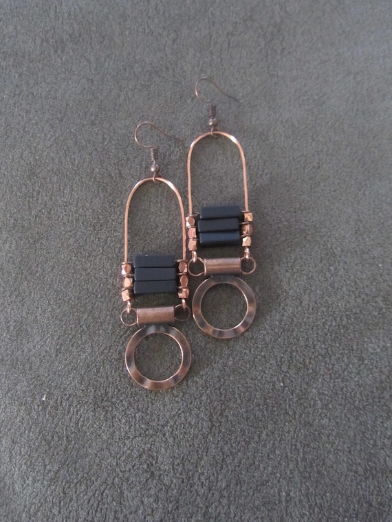 Afrocentric Chandelier Earrings: Black Stone & Copper Statement Jewelry