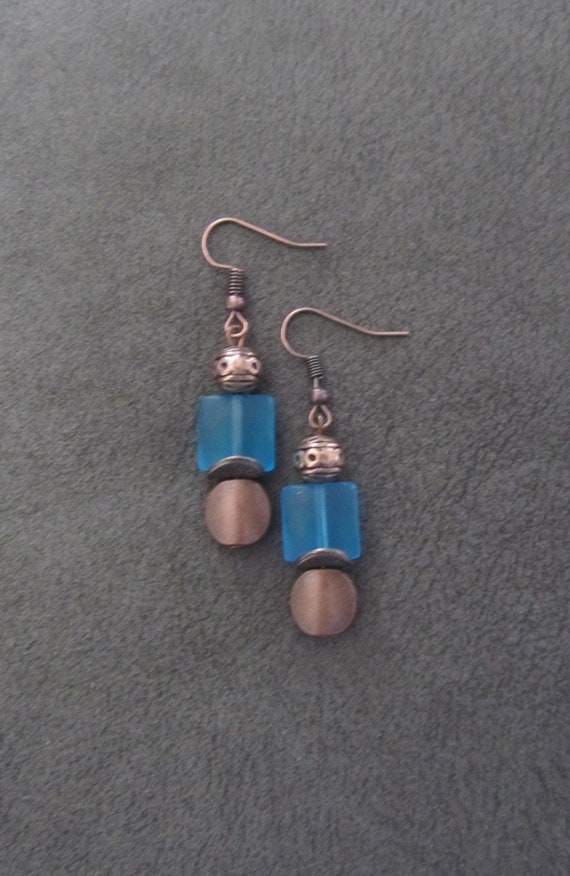 Blue frosted glass and copper earrings