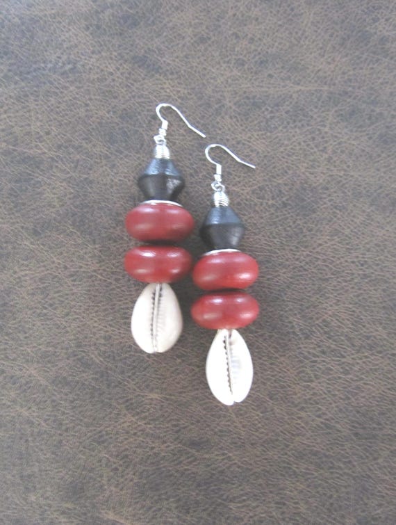Bold chunky cowrie shell and red wooden earrings