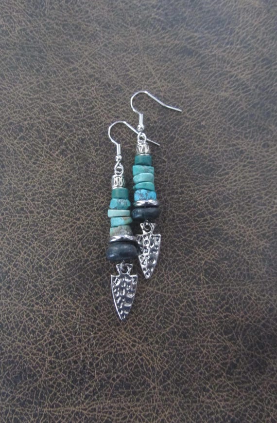 Turquoise and silver arrowhead earrings