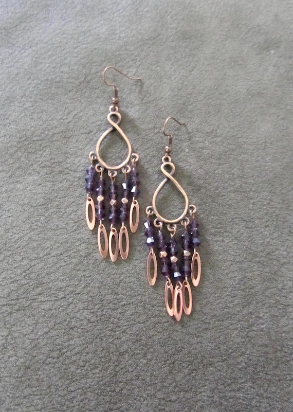 Chandelier earrings, purple crystal and copper gypsy earrings, boho bohemian unique princess